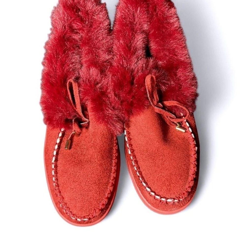 Red Faux Suede Moccasin Slippers Faux Fur Lined Whipstitch House Shoes Size 40